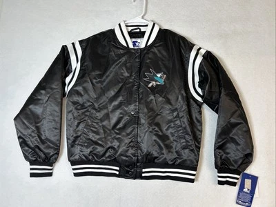 San Jose акулы 🦈 НХЛ лоскутное одеяло с подкладкой полный Snap стартер куртка Sz M - Изображение 1 из 4
