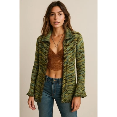 Free People Wool Blend Knit Cardigan Open Front S/P Green Yellow Boho Layer - Image 1 of 4