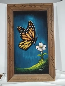 Vintage MCM Velvet Flower Painting Floral Monarch Butterfly Made In Mexico - Picture 1 of 13