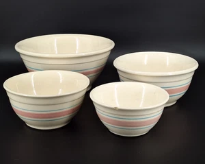 Vintage McCoy Keramik Rosa & Blau Streifen Menge 4 Mischen Stapeln Schüsseln Set LESEN - Bild 1 von 19