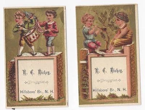 VICTORIAN TRADE CARDS-PAIR OF R.C. DICKEY, DRUGGIST, HILSBORO' BR., N.H. - Picture 1 of 1