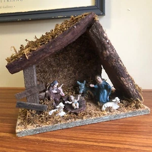 Vintage Nativity Set Rustic Creche Hand Painted Taiwan With Box Mid Century - Picture 1 of 12