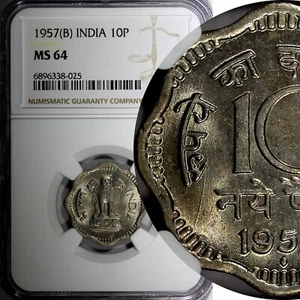 India-Republic Copper-Nickel 1957 (B) 10 Naye Paise NGC MS64 KM# 24.1 (025) - Picture 1 of 5