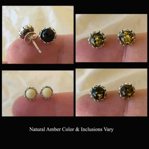 BALTIC BUTTERSCOTCH CHERRY GREEN AMBER & STERLING SILVER STUD EARRINGS - Picture 1 of 11