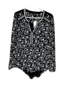 NWT Lucky Brand Size S Black Embroidered T Shirt Womens Long Sleeve Boho $70 - Picture 1 of 10