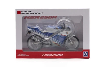 Modelo diecast Aoshima Honda NSR250R ’88 (Terra Blue/White Ross) escala 1:12 Foto 1 de 4