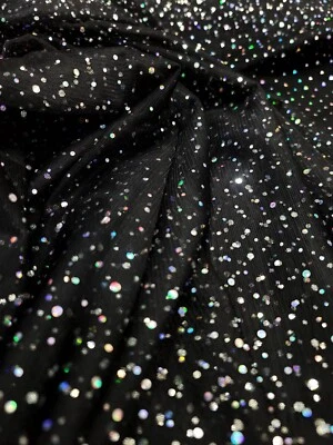 Black Stretch Mesh Iridescent Sequins  Fabric Sold By The Yard Quinceañera Prom  - Image 1 of 4
