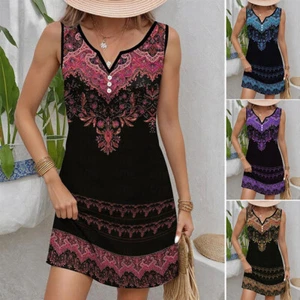 Women Floral Tops Mini Dress Pullover Blouse Tank Dress T-Shirt Summer Casual - Picture 1 of 26