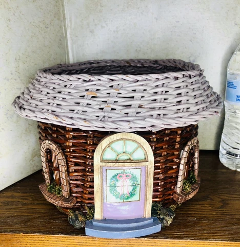 Vintage Round House Windows & Door Shaped Weaved Basket Planter / Trinket Holder Cover