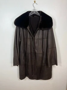 Lightweight SHEARLING fur coat rex rabbit collar brown Womens Extra Large Christ - Picture 1 of 6