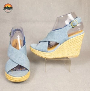 NWT American Eagle Wedges Espadrille Heels Denim Canvas Ankle Strap Women's 8 - Picture 1 of 11