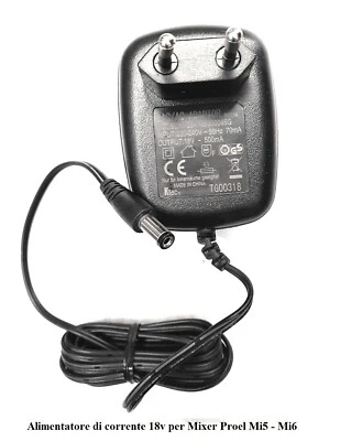 Alimentatore di corrente 18v 500mA per Mixer Proel Mi5 - Mi6 e Mixer Topp Pro ++