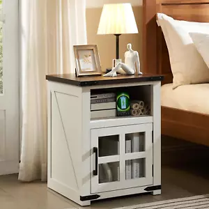 Farmhouse Nightstand with Charging Station, Rustic End Table with Tempered Glass - Picture 1 of 6