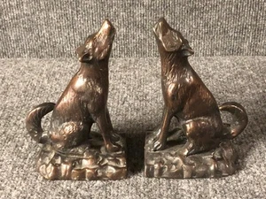 Pair of Vintage Bronze Howling Wolf / Dog 6" Bookends - Picture 1 of 4
