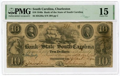 1842 $10 The Bank of the State of SOUTH CAROLINA Note - PMG Fine 15 - Image 1 of 2
