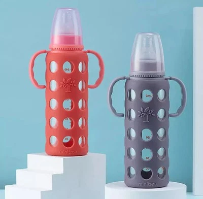 Biberón de vidrio MiniTree 8 oz con cubierta de silicona de grado alimenticio - púrpura Foto 1 de 4