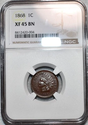 NGC XF-45 BN 1868 Indian Head Cent, Attractive, Mid-Grade, Scarce Date. - Image 1 of 2