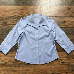 Camicia Coldwater Creek con bottoni blu pervinca manica 3/4 top con colletto PM - Foto 1 di 7