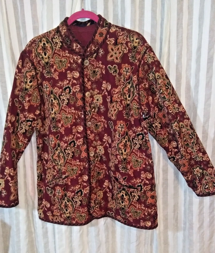 Koos Of Course Women's L Cotton Corduroy Jacket Burgundy Paisley Reversible Vtg - Image 1 of 4