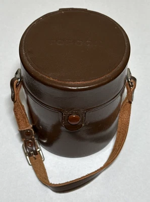 Soporte de lente de cámara Topcon de cuero vintage con correa corta 4,25" de alto Japón Foto 1 de 4
