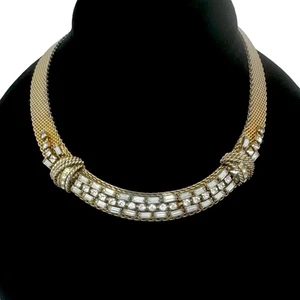 Vtg Hattie Carnegie Gold Tone Mesh Collar w/ Sculpted Knots & Clear Rhinestones - Picture 1 of 13