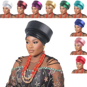 African Headwear Aso Oke African Headtie Auto Gele Women Hijab Cap Head Wrap - Foto 1 di 23