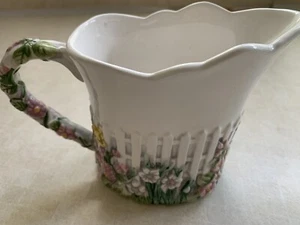 LBK Pitcher Vase 3D Embossed Picket Fence With Spring Flowers Butterflies - Picture 1 of 6