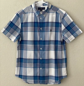 RALPH LAUREN Short Sleeve Blue Plaid Button Down Cotton Shirt Boys XL 18-20 EUC - Picture 1 of 9