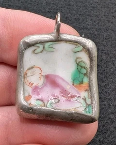 Chinese Porcelain Tile Silver Pendant - Picture 1 of 7