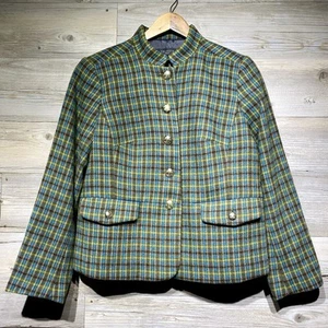 Talbots Blazer Jacket 12P Wool Blend Plaid Gold Crest Buttons Stand-Up Collar - Picture 1 of 10