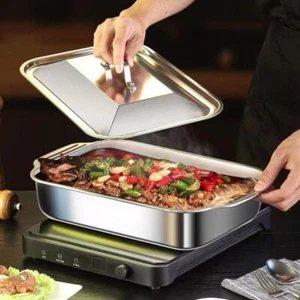 Non-stick Bottom Grilling Tray with Lid Grilled Fish Plate Roaster Pan Oven - Picture 1 of 11