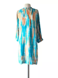 NWT KIKISOL Tunic Dress Turquoise Orange Tie Dye Rayon 3/4 Sleeve V-Neck SMALL - Picture 1 of 5
