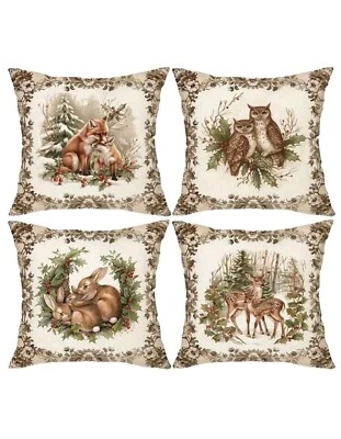 Juego de 4 hermosas fundas de almohada de Navidad para ciervos zorros de vida silvestre conejos Foto 1 de 4
