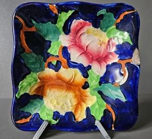 Maling ware cobalt blue Vintage 1930s Majolica Peonies design Square Pin Dish - Picture 1 of 14