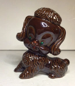 Toy Poodle Dog Figurine Brown With Green Jewel Eyes Ceramic 5 1/2 Inch Tall - Picture 1 of 12