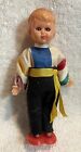 DOLL Small 4 3/4” Celluloid Doll Open/Close Blue Eyes Clothes Arms Need Restrung