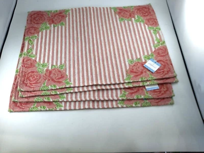 Nicole Tapestry Placemats Set of 4 Roses Pink Stripes Flowers 19" x 13" - Image 1 of 4