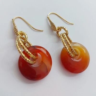 Orecchini argento 925 pendenti donna oro  pietra dure naturali gemme agata rossa - Immagine 1 di 4