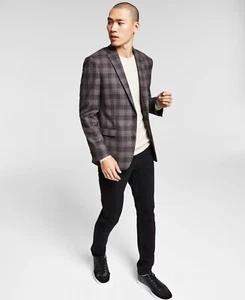 $295 Bar Iii Men's Brown Plaid Slim Fit Plaid Blazer Sport Coat 44L yap2525 - Picture 1 of 1