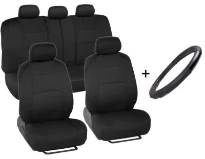 Car Seat Covers Front Rear Set & Microfiber Leather Steering Wheel Cover Black - Image 1 of 4