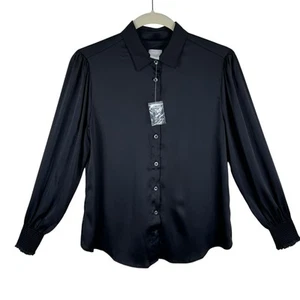 Chico's NWOT Black Satin Collared Long Sleeve Lightweight Button Up Blouse XS 2 - Picture 1 of 6
