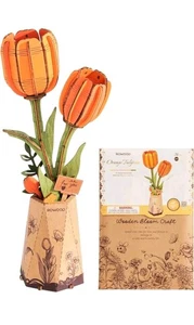 ROWOOD 3D DIY ORANGE TULIP Flower Bouquet Blossom Wooden Puzzle ~ NEW ~ 8+ - Picture 1 of 7