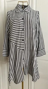 Steven Edwards Striped 3/4 Sleeve Button Front Back Cotton Tunic Asymmetrical M - Picture 1 of 14