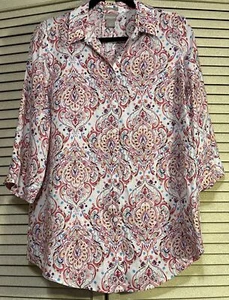 NEW CHICO'S Women NON IRON 100% Linen Blouse 3/4 Sleeve Multicolor Size 1 S M - Foto 1 di 10