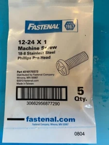 12-24 X 1 Machine Screw GRD 18-8 Stainless Steel 5 Qty Phillips Pan Head C34c - Picture 1 of 2