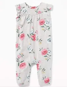 NWT OLD NAVY 12/18 MONTHS GREY FLORAL FLUTTER SLEEVE FULL-LENGTH ROMPER - Picture 1 of 3