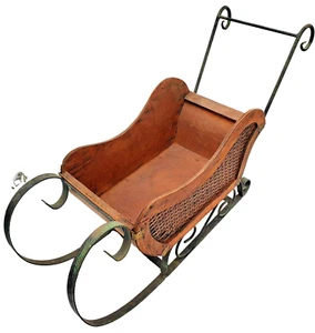 Vintage 1950s Large Santa Sleigh Christmas Decor Wood Wicker Iron Doll Sled 26" - Picture 1 of 15