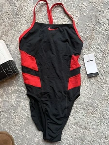 NWT  Nike Swim Women's Vex Racerback One Piece Colorblock Black Red 614 Sz 34 - Picture 1 of 5