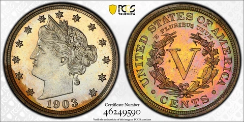 1903 MONSTER RAINBOW TONED PCGS PR66 CAC Liberty V Nickel 5c (#139) Cover