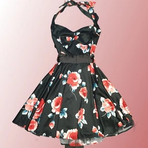 Y2K Jane Norman Halter Neck Fit & Flare Mini Dress Sz 10 Black Floral Rockabilly - Picture 1 of 10